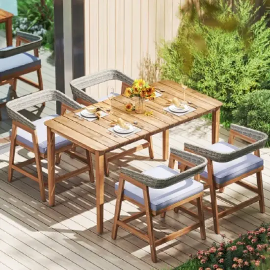 Tangkula 5PCS Patio Dining Set Solid Wood Furniture w/ Rattan Backrest & Seat Cushions image {2}