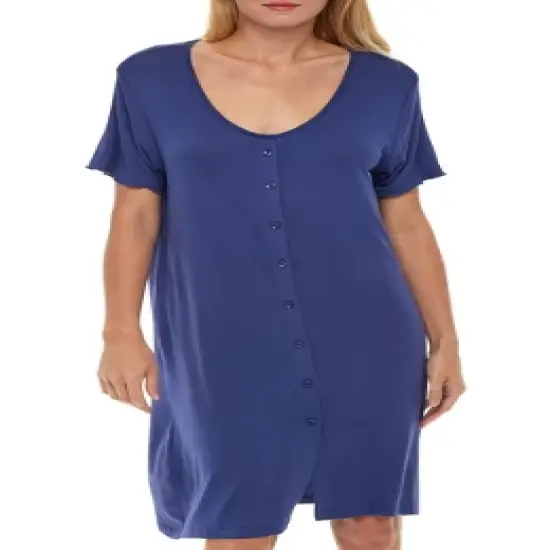 Women's Soft Knit Night Shirt, Short Sleeve Button Down Nightgown V-Neck Pajama Top image {7}