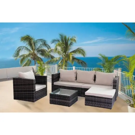 4pc Wicker Patio Sectional Seating Set with Sofa, Arm Chair, Ottoman & Accent Table - Brown/Beige - GODEER image {4}