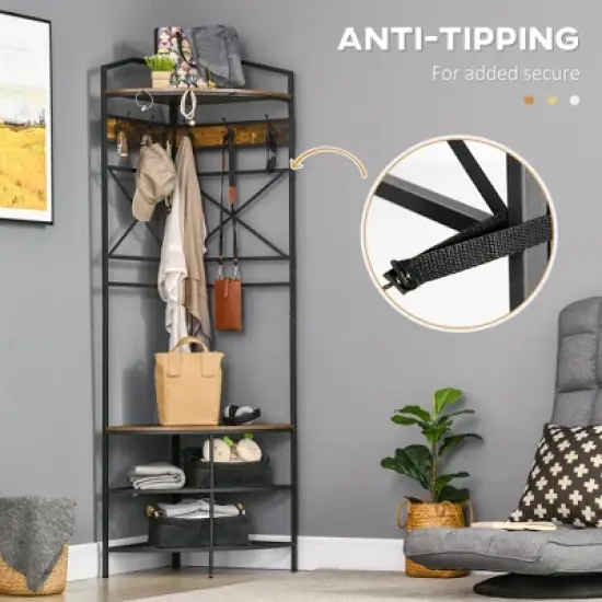 HOMCOM Industrial Corner Hall Tree with Shoe Bench, Entryway Coat Rack, Freestanding Coat Tree with 6 Double Hooks, Rustic Brown image {4}