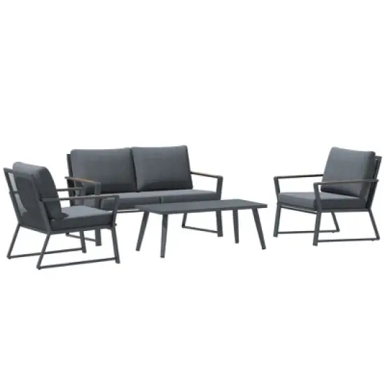 Outsunny 4 Piece Patio Furniture Set, Aluminum Conversation Set, Outdoor Garden Sofa Set with Armchairs, Loveseat, Center Coffee Table and Cushions image {5}