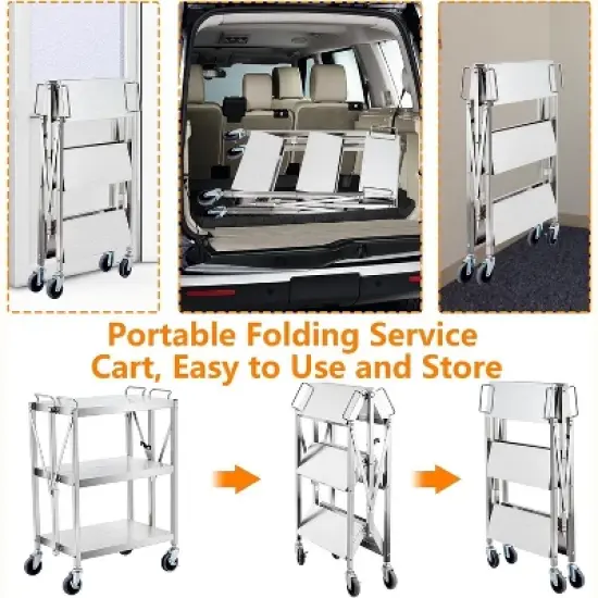 Foldable Utility Cart with Wheels 300LB Capacity Collapsible 3-Tier Rolling Tool Cart Stainless Steel for Home Garage Workshops Travel image {1}