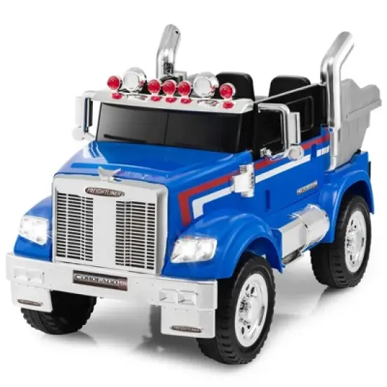 Costway 12V Licensed Freightliner Kids Ride On Truck Car RC w/ Dump Box & Lights Red\Blue image {9}