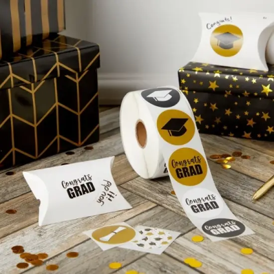 Bright Creations 1000 Count Graduation Stickers Roll, Congrats Grad Cap Decal Roll Supplies, 8 Designs, Black & Gold, 1.5 inch image {1}