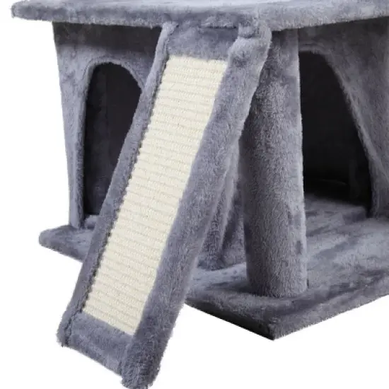DOMETOUR Double-layer Cat Tree with Cat House and Ladder Light Gray image {14}