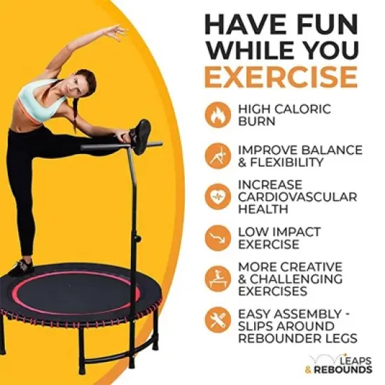 LEAPS & REBOUNDS 48" Adjustable Stability Bar Attachment with 48" Mini Fitness Trampoline and Home Gym Rebounder for Cardio Exercises, Orange image {5}