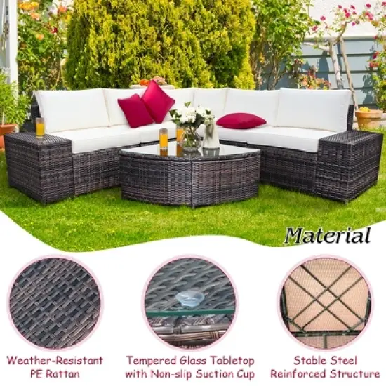 Costway 6PCS Rattan Furniture Set Conversation Cushioned Sofa Armrest Garden Turquoise\White image {5}