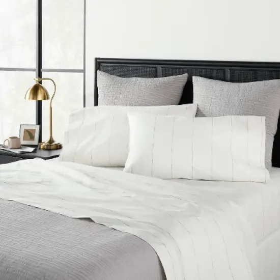 2pk Standard Cotton Percale Thin Stripe Pillowcase Set Sour Cream/Railroad Gray - Hearth & Hand&trade; with Magnolia image {1}