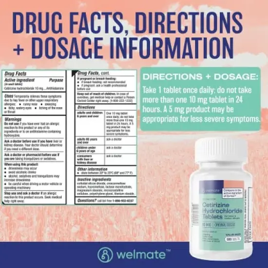 WELMATE 24 Hour Allergy Relief Tablets - Cetirizine HCl 10mg 500ct image {2}