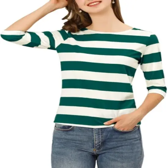 Allegra K Women's Elbow Sleeves Casual Basic Boat Neck Slim Fit T-Shirts image {19}