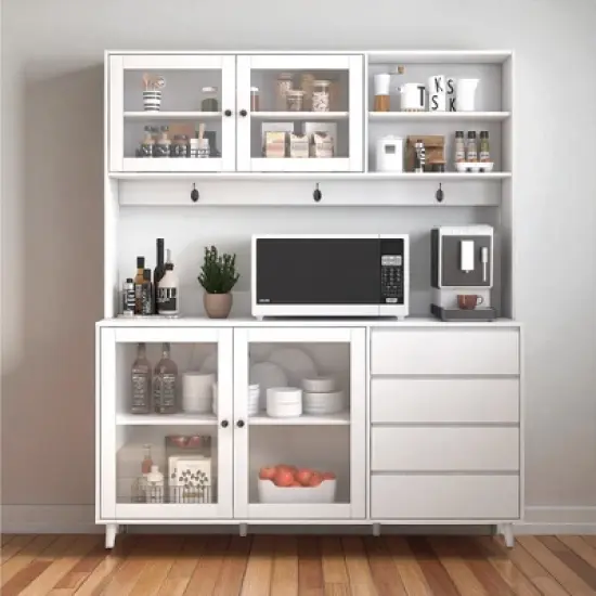 63" Large Kitchen Hutch Pantry Cabinet with 4 Doors, 4 Drawers & Microwave Shelf, Freestanding Storage Buffet Cupboard for Dining Room image {11}