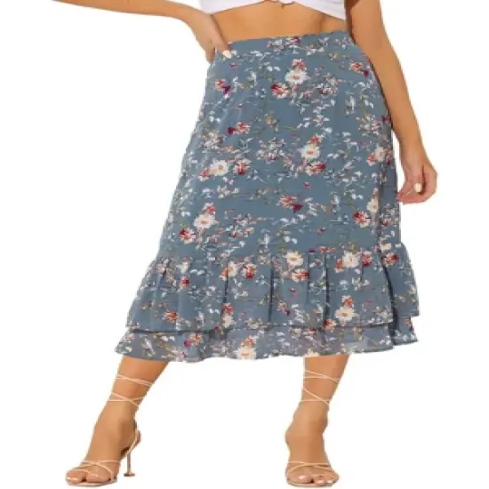 Allegra K Women's Chiffon Elastic Waist Ruffle Tiered Flowy Midi Printed Skirts image {15}