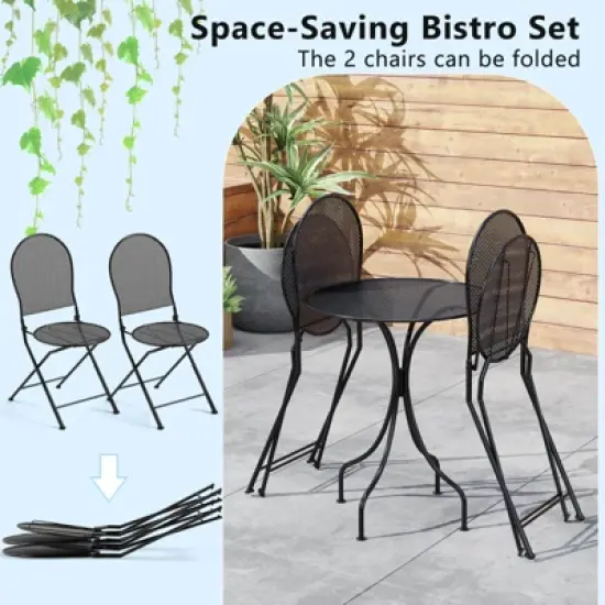 Costway 3 PCS Metal Bistro Set Round Table & 2 Folding Chairs with Rattan-Like Pattern Black/White image {6}