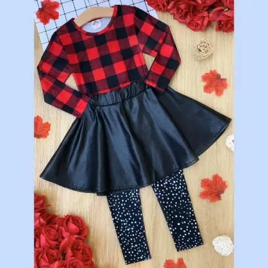 Girls Spotted In Plaid Top, Skirt & Legging Set - Mia Belle Girls image {3}
