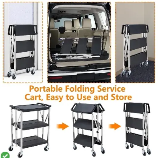 Foldable 3 Tier Stainless Steel Trolley Cart - Foldable Utility Serving Storage Rolling Car Shelf w/ Wheels image {2}