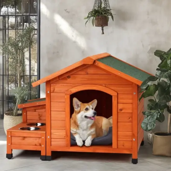 phiestina Wooden Feral Dog House, 32"x34.5"x29.5", with Food Bowl & Storage Bucket for Indoor/Outdoor Use image {1}