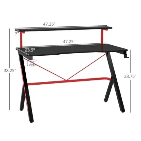 RISOKEYS 47 Inch Gaming Computer Desk, With Elevated Monitor Shelf, Rotatable Cup Holder & Headphone Hook,for Home Office, Games, Study,(Table only) image {2}