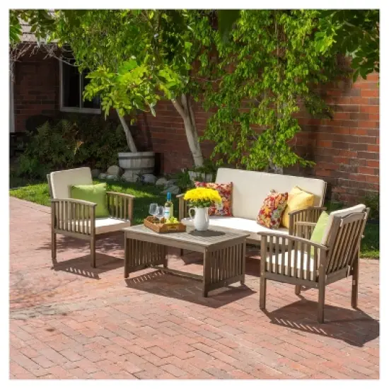 Carolina 4pc Acacia Wood Chat Set - Gray - Christopher Knight Home: Outdoor Seating with Cushions & Coffee Table image {6}