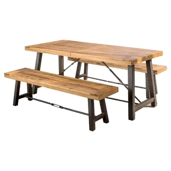 Catriona 3pc Acacia Wood Picnic Table - Teak Finish - Christopher Knight Home image {1}
