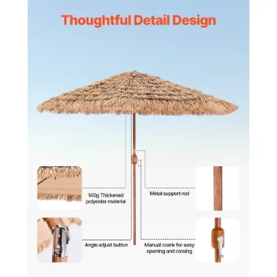 VEVOR Tiki Umbrella, 9 ft Thatched Patio Umbrella with Tilt, Hawaiian Style Beach Parasol with Durable PP Thatch and 8 Metal Ribs, Original Color image {6}