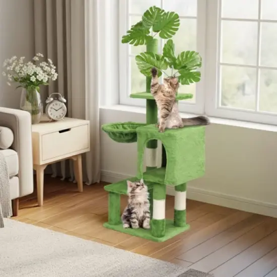 Karl Home 48 inch Green Cat Tree with Leaves Multi-level Cat Tower with Condo Hammock image {2}