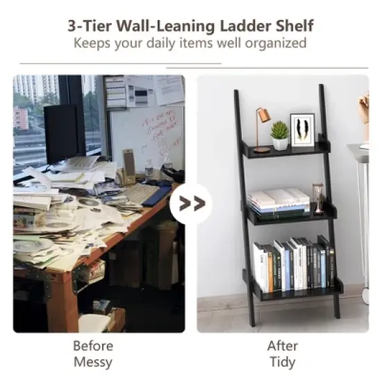 Costway 3 Tier Leaning Rack Wall Ladder Book Shelf Bookcase Storage Display Multipurpose image {8}