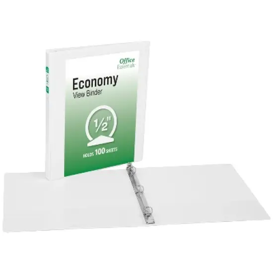 Office Essentials Economy View 3 Ring Binders, 0.5" Round Rings, 0.7" Spine, 100-Sheet Capacity, White Binders (12-Pack of 03422) image {6}