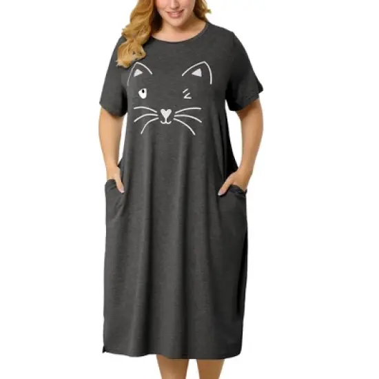 Agnes Orinda Womens Plus Size Short Sleeve Cute Cat Print Pockets Nightgown image {8}