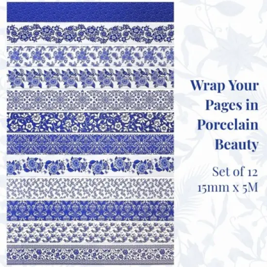 Wrapables Blue and White Porcelain Vintage Floral Chinoiserie Washi Tape Set for DIY, Arts and Crafts, Scrapbooking, Gift Wrapping (12 Rolls) image {1}
