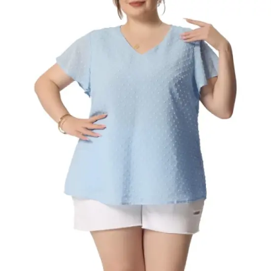 Agnes Orinda Plus Size Blouses for Women Tired Flare Sleeve V Neck Swiss Dots Tops image {9}