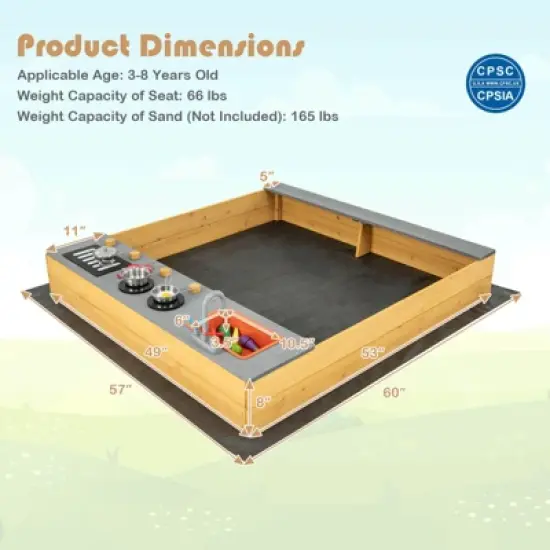 Costway Kids Sandbox Outdoor Wooden Sandpit w/ Bottom Liner Creative Cooking Area image {2}
