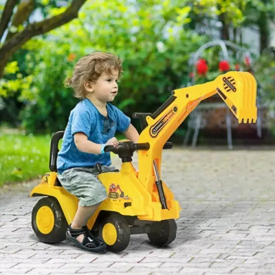 HOMCOM Ride On Excavator Pull Cart, Kids Digger Ride on Truck with Horn, Storage, Sit and Scoot Pretend Play Toy Construction Car, Ages 18M+ image {2}