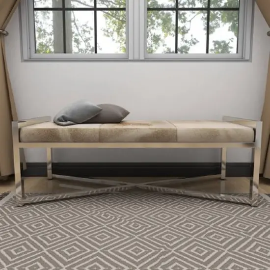 Contemporary Stainless Steel Rectangular Cowhide Bench - Olivia & May image {5}