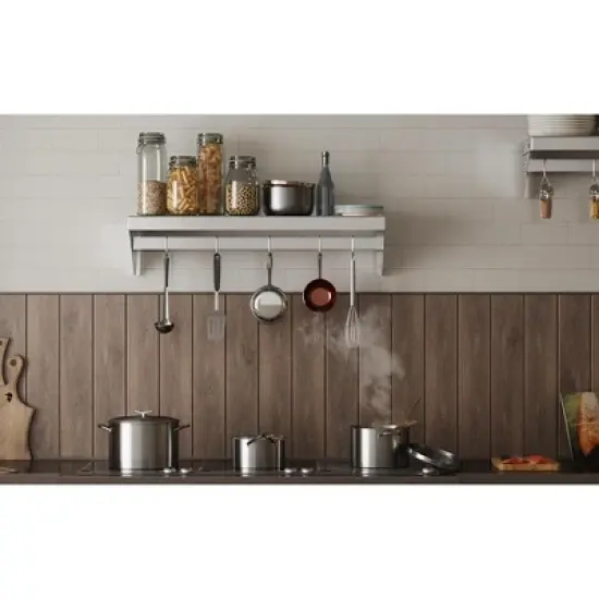 12"x24" Stainless Steel Shelf,Multifunctional Metal Wall Mounted Shelf with 2 Stainless Steel Backsplashs and 5 Hooks image {5}