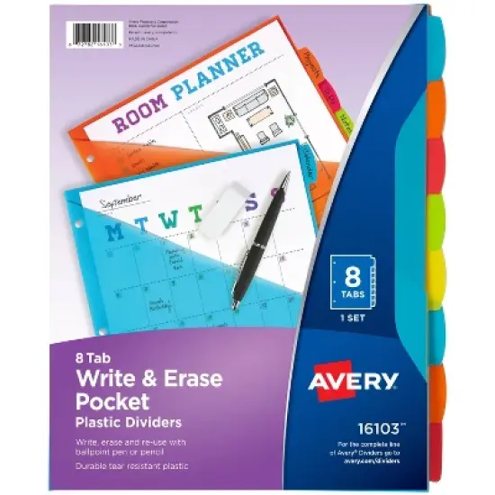Avery 8ct Write & Erase Pocket Tab Plastic Divider Set: Multicolor Filing Accessories for Binders image {3}