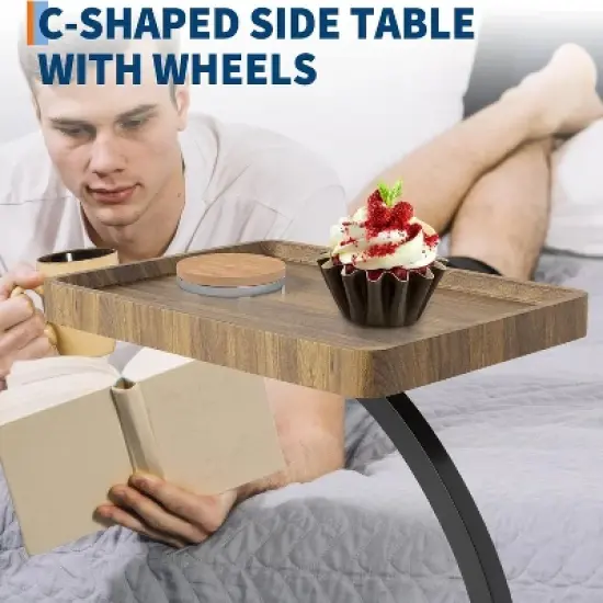 GustoWave C-Shaped Side Table With Wheels, 360&deg; Rotating Side Table With 2-Layer Storage Shelves, Adjustable Height, Suitable For Living Room, Bedroom image {3}