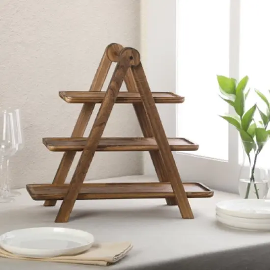 Gibson Home Truss Peak 3 Tier Serving Tray for Party, 18" Acacia Wood Cupcake/Charcuterie/ Dessert Farmhouse Tiered Platters image {4}
