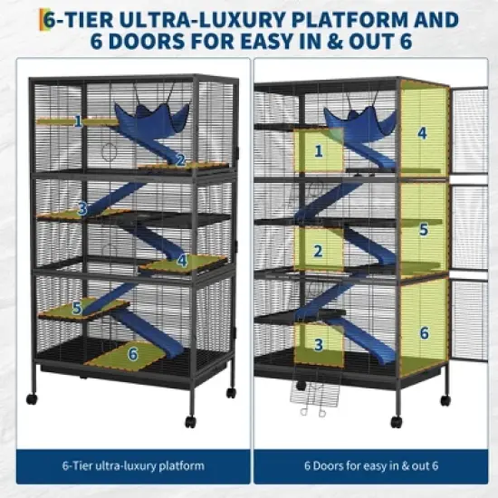 Metal Small Animal Cage, 6-Tier Ferret Cage with Removable Flannel ramps and Hammock for Chinchillas/Guinea Pig/Rabbit/Rolling Critter Nation Cage image {2}
