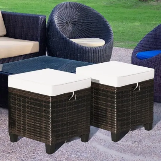 Costway 2PCS Patio Rattan Ottoman Cushioned Seat Beige image {2}