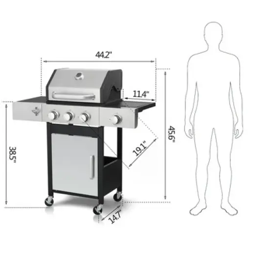 Dolonm 3+1 Burner Gas Grill: 37,230BTU w/Side Cooker, Enamel Cast Iron Grids & Lockable Casters - SS Front Door image {7}