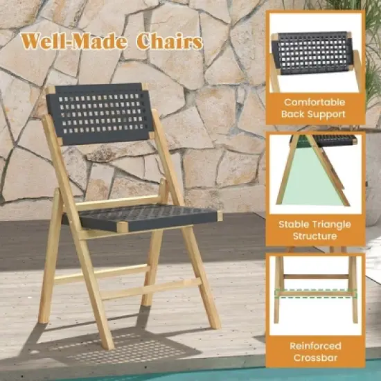 Costway 2/4 Piece Patio Folding Chairs with Woven Rope Seat & High Back Indonesia Teak Wood for Porch Natural&Black image {7}