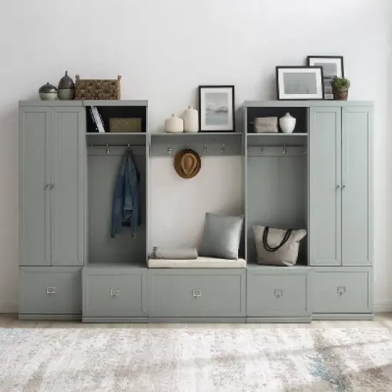 6pc Harper Entryway Set with Bench, Shelf, 2 Pantry Closets and 2 Hall Trees - Crosley image {3}