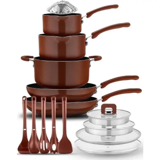 NutriChef Kitchenware 17-Piece Non-Stick Cookware Set, Space-Saving, Stackable, Induction Base, Brown image {6}