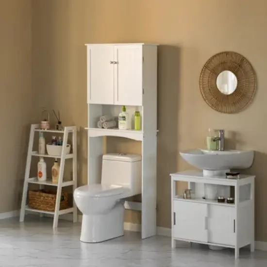 Basicwise White Over the Toilet Standing Cabinet Organizer for Bathroom with Open Shelf image {3}