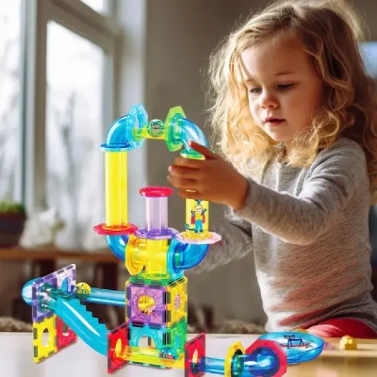 PICASSO-TILES Marble Run Magnetic Tiles for Kids, 62PCS Pete the Cat Theme, Construction Magnet Tiles Race Track Building Blocks STEM Toy image {1}