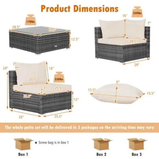 Tangkula Set of 7 Patio Wicker Furniture Set Outdoor Rattan Sectional Sofa with Seat & Back Cushions 2 Throw Pillows Mix Grey & Beige image {4}