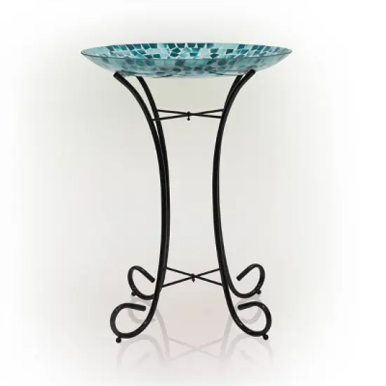 23" Outdoor Mosaic Dragonfly Glass Birdbath Bowl with Metal Stand Turquoise Green - Alpine Corporation image {2}