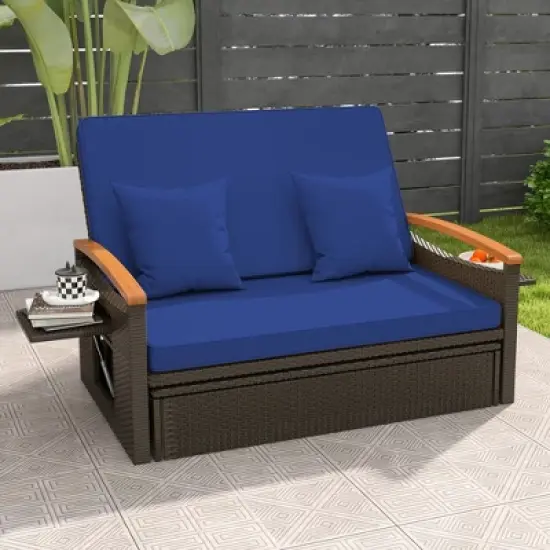Tangkula Outdoor Wicker Daybed Patio Loveseat & Storage Ottoman Set w/ Navy Cushions image {1}