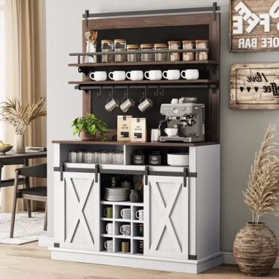 75" Tall Coffee Hutch Cabinet Large Kitchens Storage Cabinets White Coffee Bar Cabinet Cupboard with Sliding Barn Door image {12}