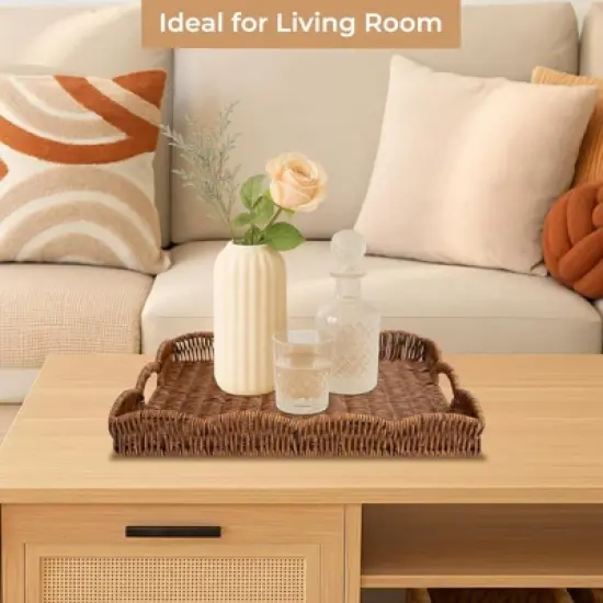 BRINJOY Scalloped Rectangular Woven Tray - Synthetic Rattan Coffee Table Tray with Handles image {2}